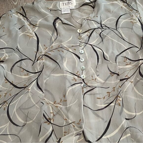 Vintage 100% Silk Floral Print Tunic Long Sleeve Button Up Split Hem Blue Top L - Picture 14 of 16